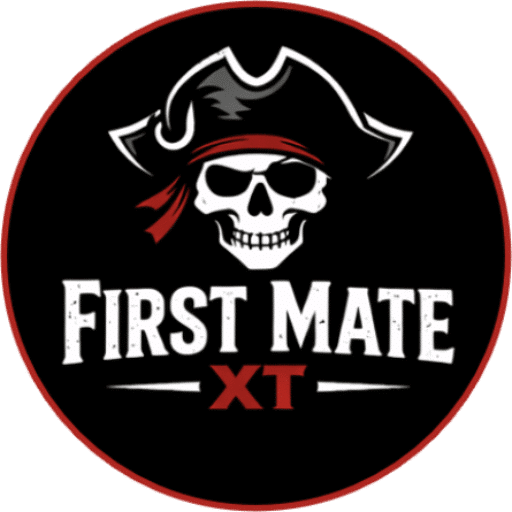 A circular logo featuring a skull wearing a pirate hat and red bandana above the words FIRST MATE XT on a black background with a red border.