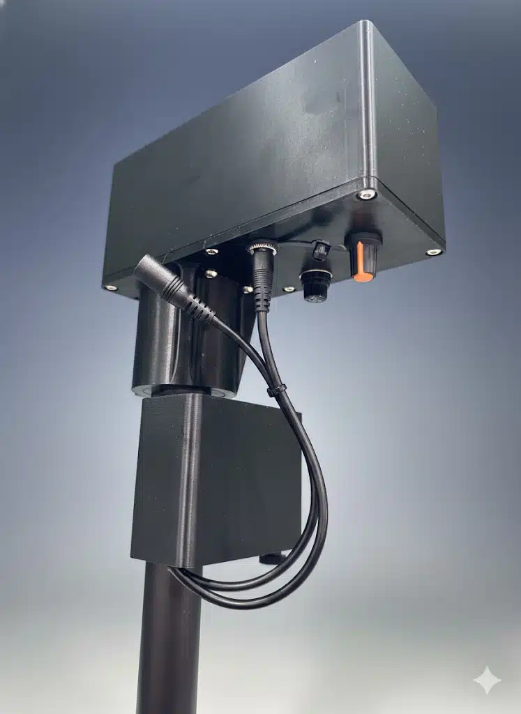 A close-up of a black Battery Box mounted on a pole, with multiple cables and connectors attached underneath, set against a neutral gradient background.