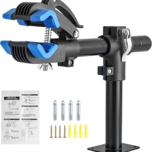 The Universal XT Mount, a black and blue bike repair stand clamp, comes with a mounting base, screws, wall plugs, anchor bolts, and an instruction sheet displayed on a white background.