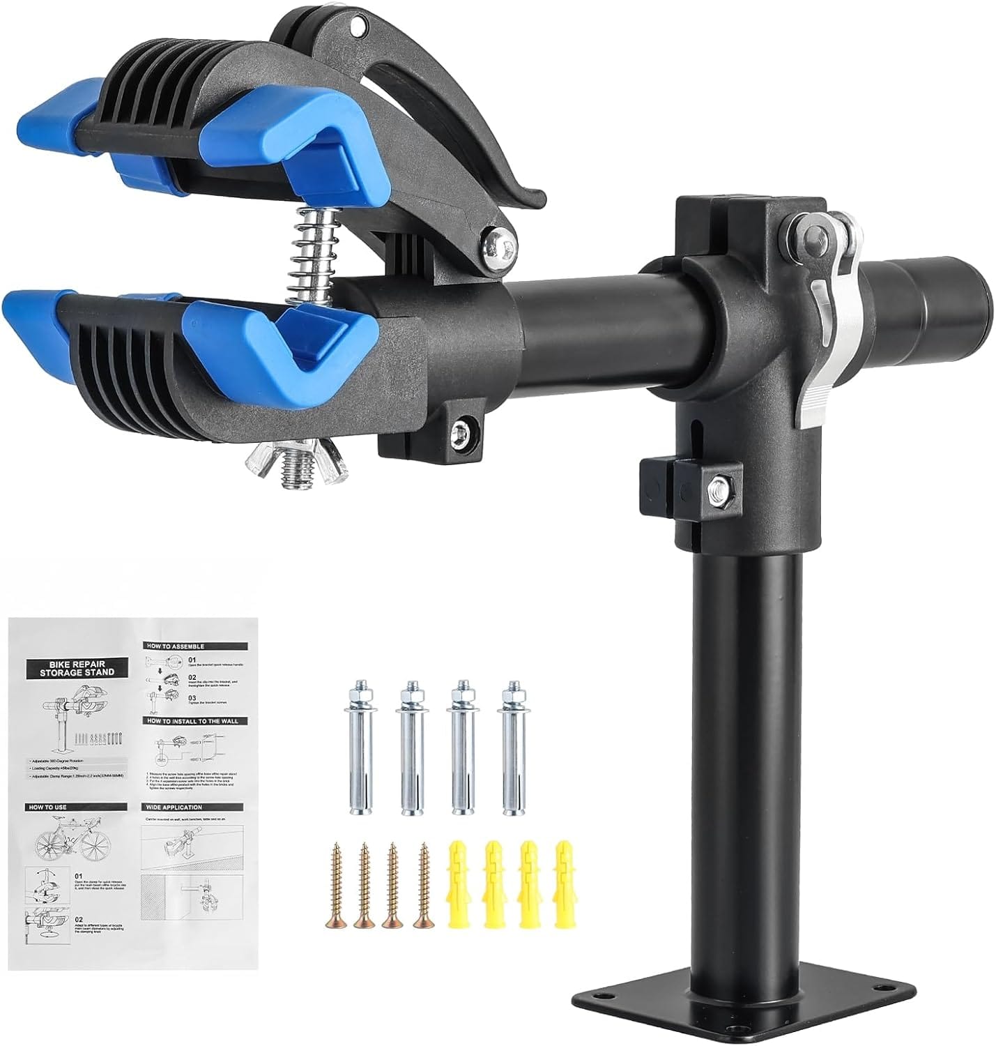 The Universal XT Mount, a black and blue bike repair stand clamp, comes with a mounting base, screws, wall plugs, anchor bolts, and an instruction sheet displayed on a white background.