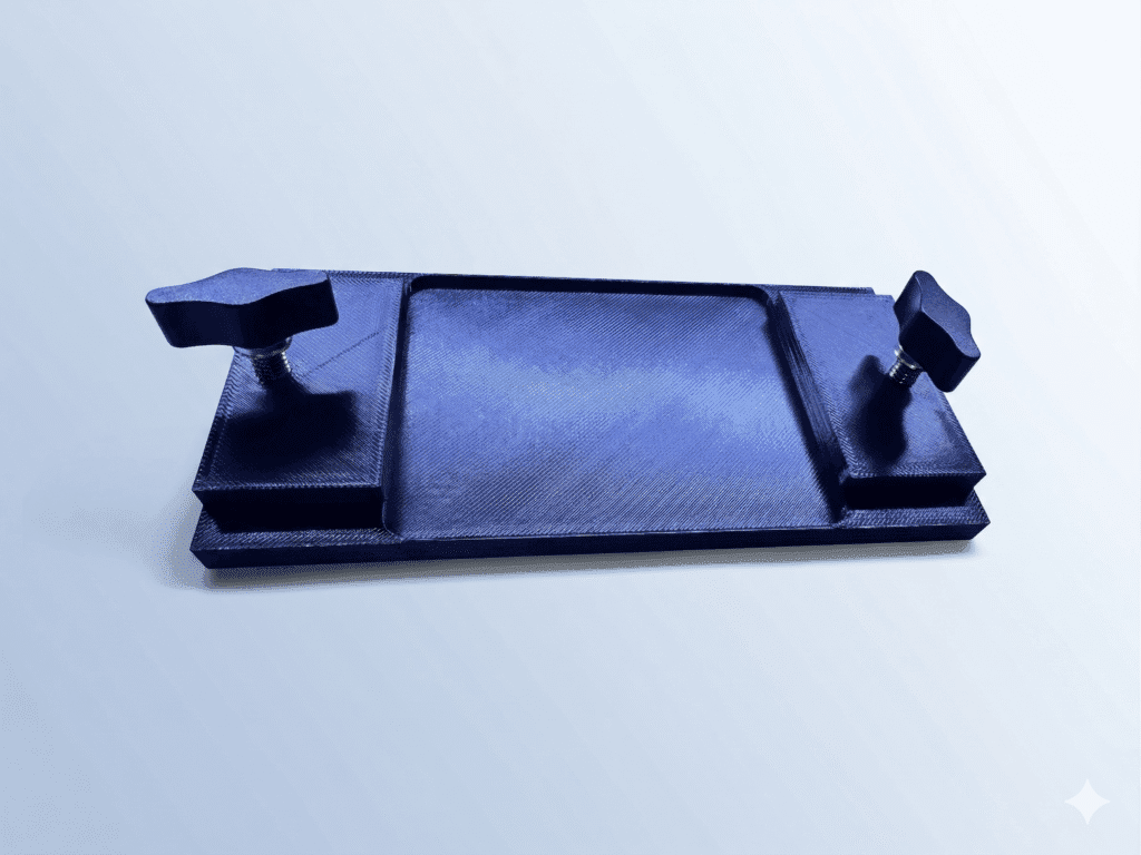 The TraxTech 6" Track Adapter Plate for Universal Transducer Pole Mount is a blue rectangular plastic device featuring a central tray and two adjustable knobs, displayed against a light gradient background.