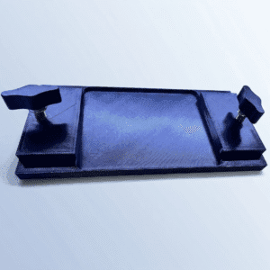 The TraxTech 6" Track Adapter Plate for Universal Transducer Pole Mount is a blue rectangular plastic device featuring a central tray and two adjustable knobs, displayed against a light gradient background.