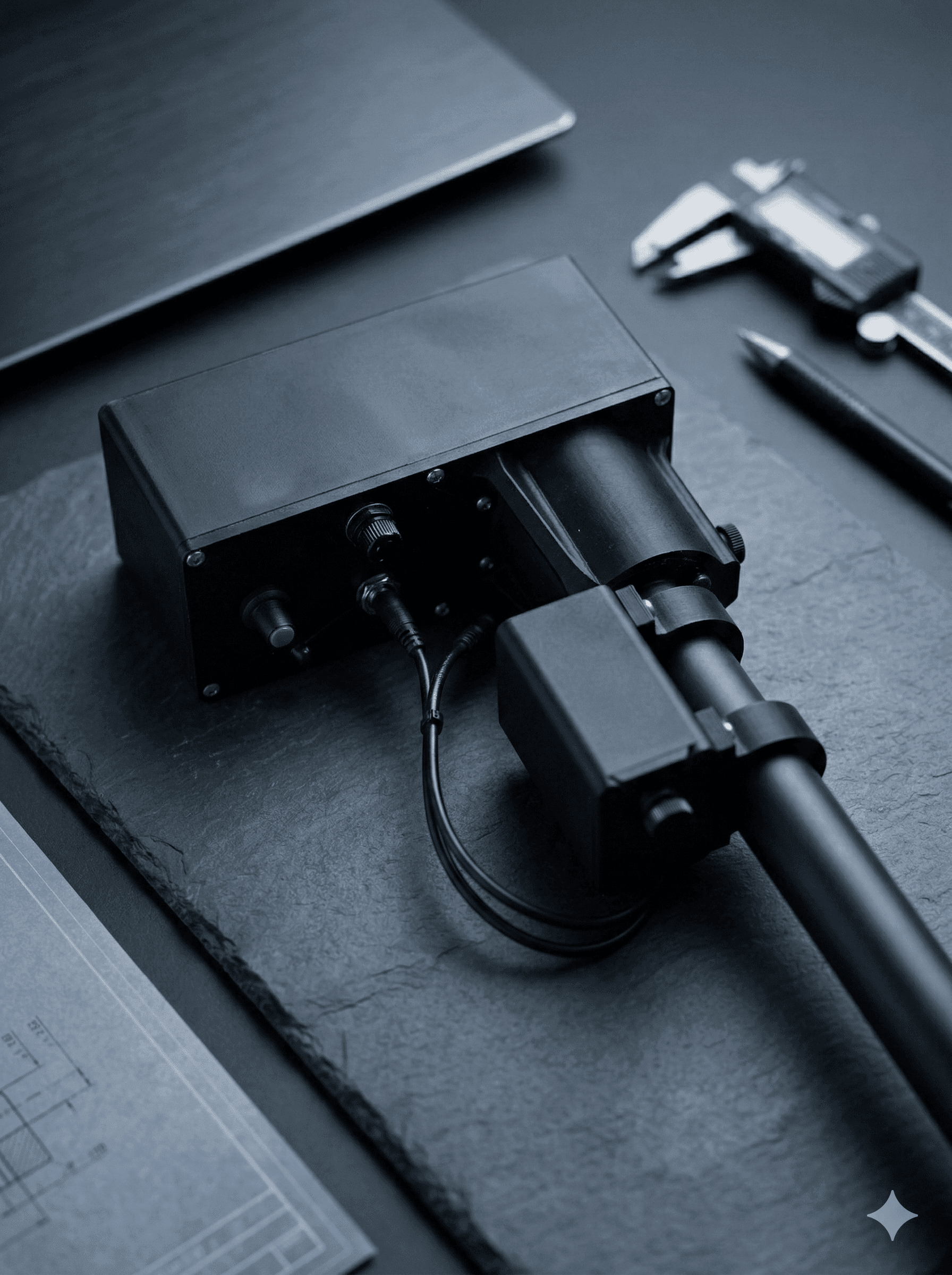 A black electronic device with cables and a cylindrical component is placed on a dark surface near technical drawings, a pen, and a caliper.