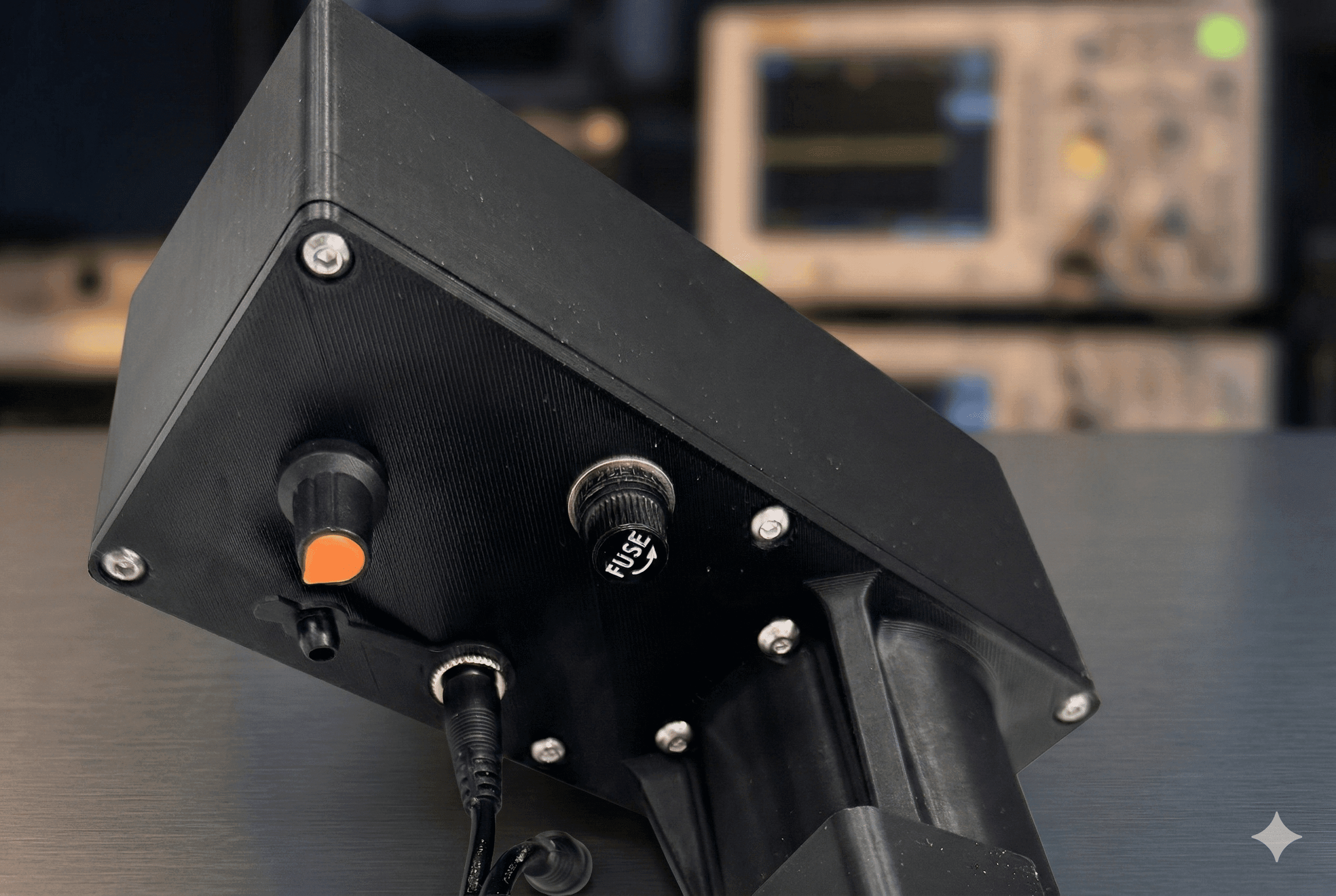 A close-up of a black electronic device with a fuse cap, an orange button, and a power cable, set against a blurred background of laboratory equipment.