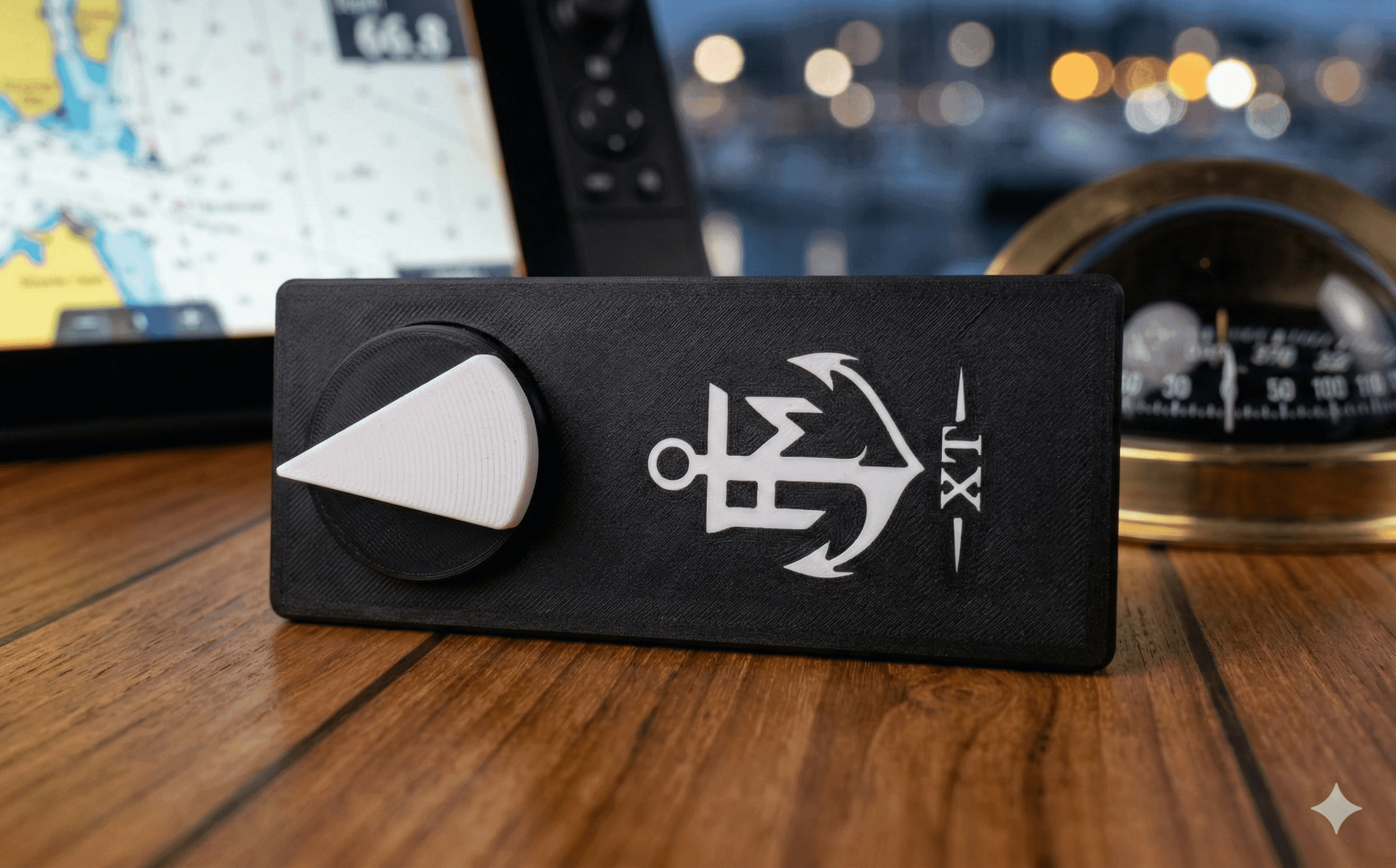 A black rectangular device with a white anchor symbol and LT printed on it sits on a wooden surface. A white dial is on the left side of the device. A digital map and a compass are visible in the blurred background.