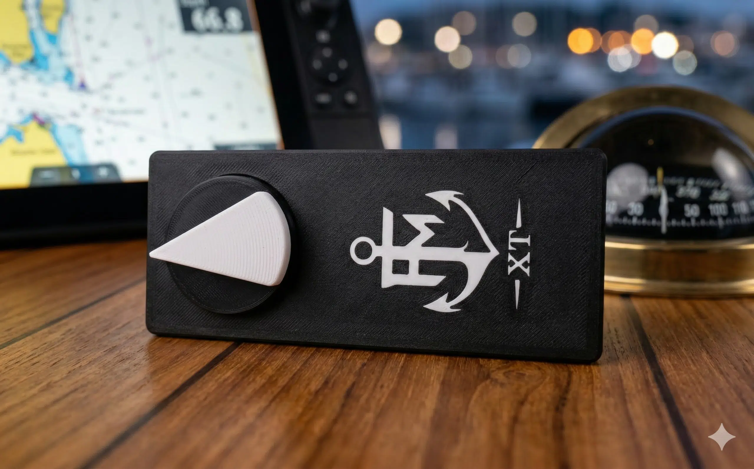 A black rectangular device with a white anchor symbol and LT printed on it sits on a wooden surface. A white dial is on the left side of the device. A digital map and a compass are visible in the blurred background.