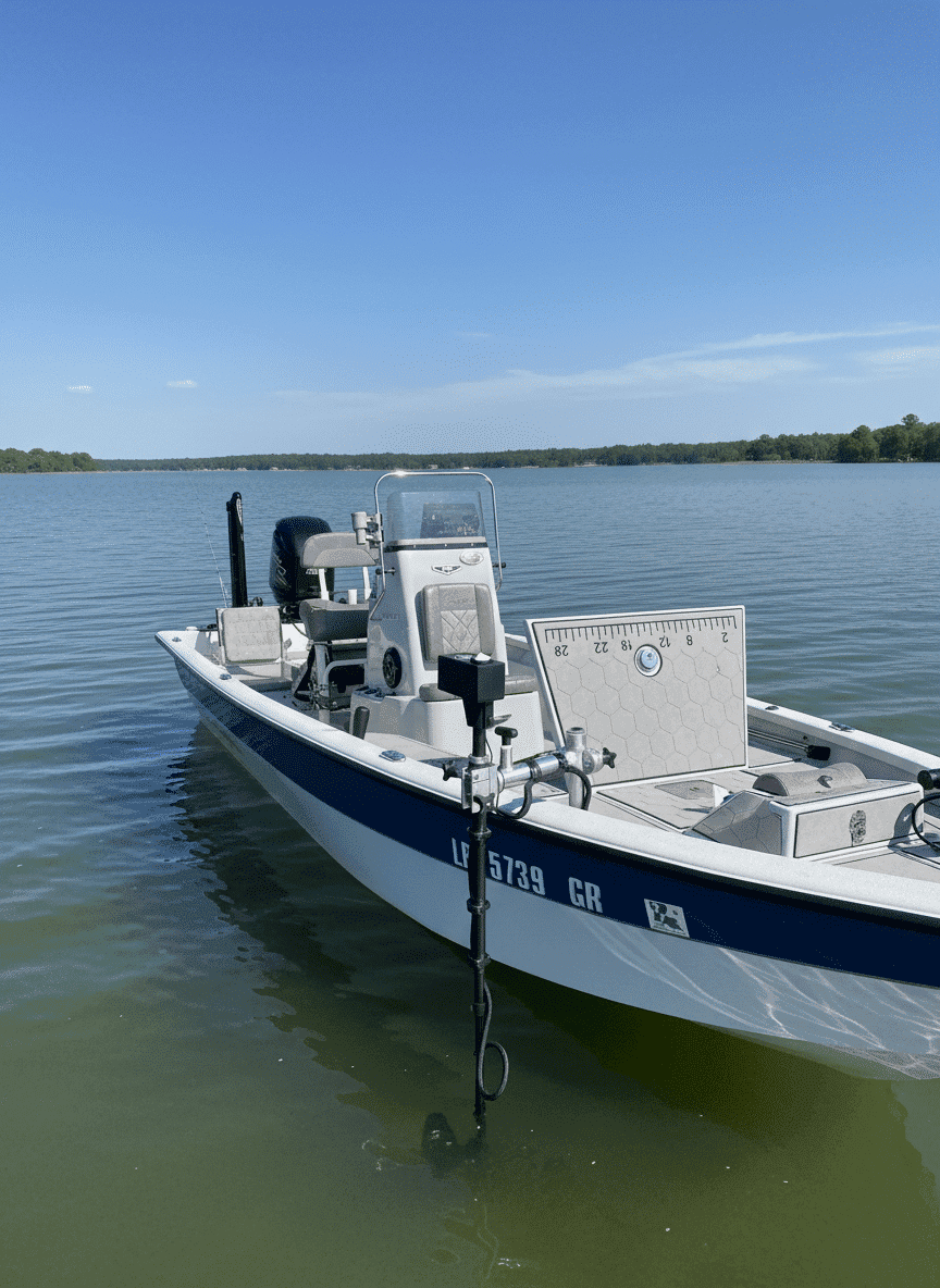 A white fishing boat with equipment and a trolling motor is floating on a calm lake under a clear blue sky, with green trees lining the distant shore.