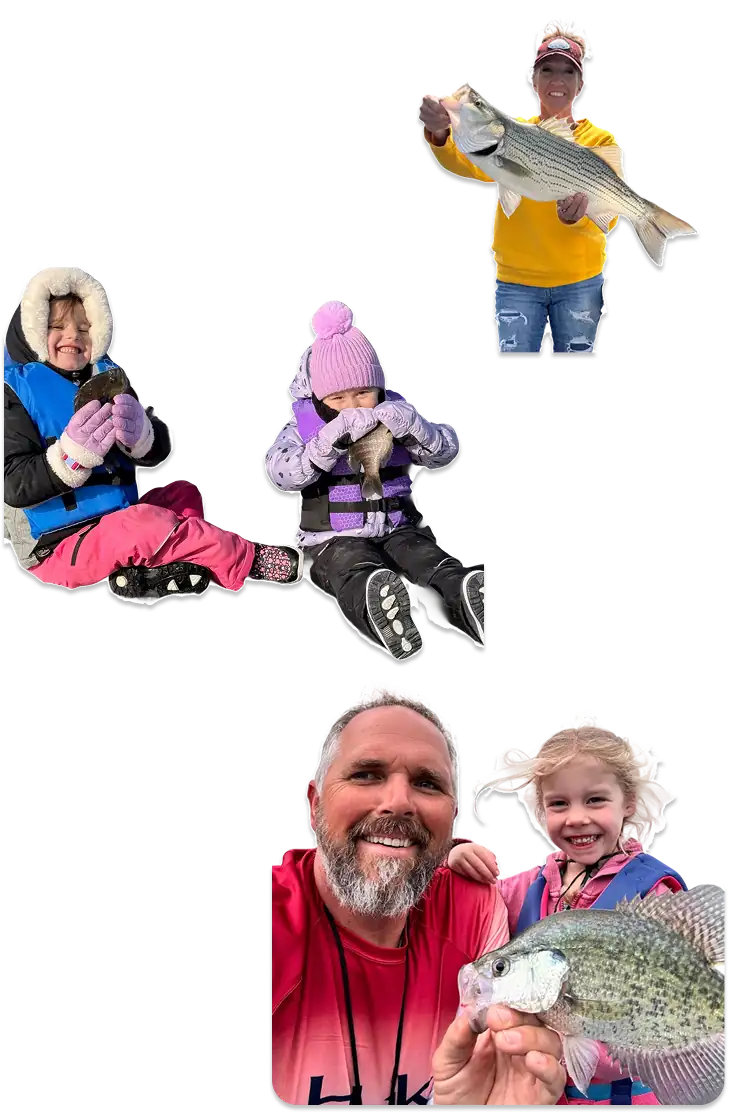 A man and two young children, all dressed warmly, happily holding up fish they caught while fishing outdoors. The children wear colorful winter clothing, and everyone is smiling and showing off their catches.