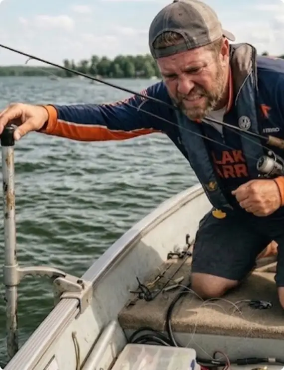 A man in a cap and fishing gear kneels on a boat, grimacing with effort as he pulls a fishing pole near the water, surrounded by a lake and trees in the background.