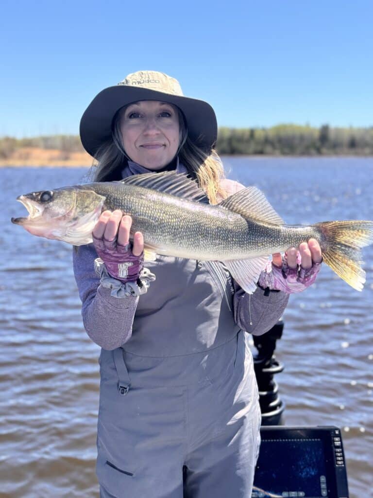 Angler holding a walleye on a spring day on an Iowa lake
